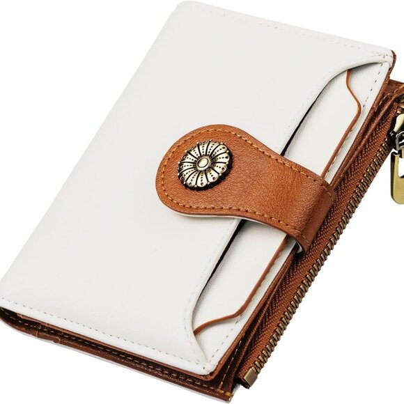 Women RFID Blocking Leather Bifold Wallet Compact Card Holder Zipper Coin Beige - Picture 1 of 7